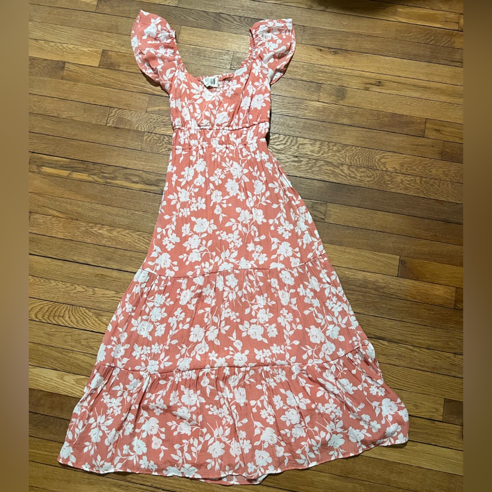 Floral Coral Maxi Dress with Flutter Sleeves